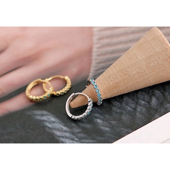 NEW Unisex Men’s Turquoise White Gold Plated S925 Silver Hoop‎ Earrings, 9mm - Picture 8 of 10